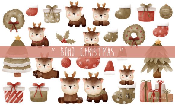 Boho Christmas Watercolor Clipart: Festive Illustrations