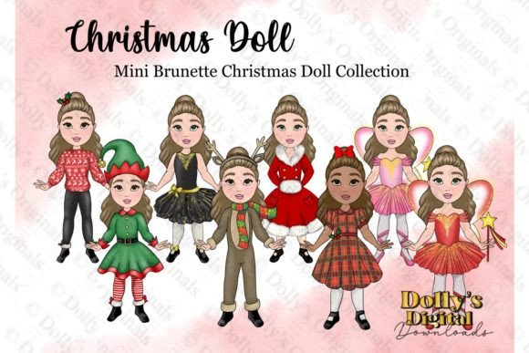 Christmas Brunette Mini Doll Clipart: Festive Illustrations
