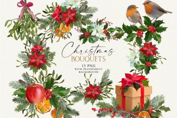 Christmas Floral Bouquets PNG: Illustrations for Sellers