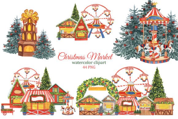 Christmas Market Watercolor Clipart & Illustrations