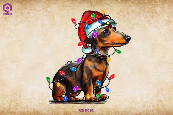 Dachshund Puppy Christmas Tree Lights Illustrations