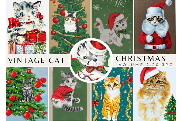 Vintage Cat Kitten Christmas Card Kdp Illustrations